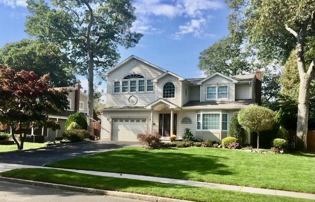 view of front of home featuring aphalt driveway, an attached garage, a chimney, and a front lawn