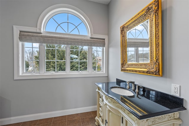 bathroom featuring tile patterned flooring, vanity, and baseboards