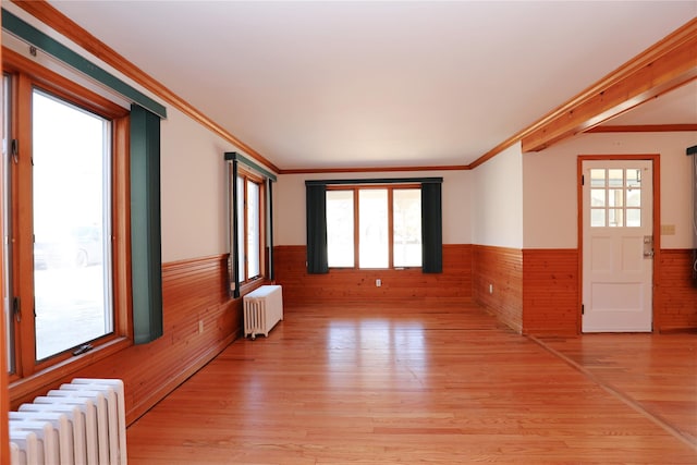 empty room with radiator heating unit, wainscoting, and a wealth of natural light