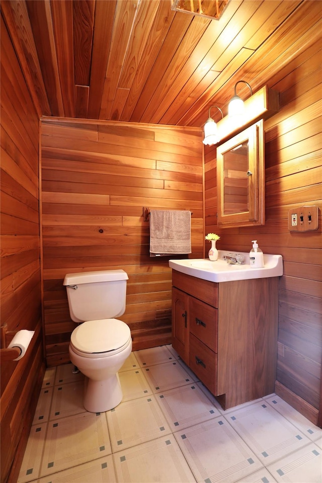 half bath featuring wood walls, wooden ceiling, vanity, and toilet