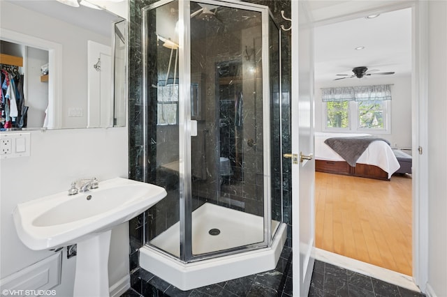 119 Cassilis Ave, Bronxville, NY 10708 - full bath with a shower stall, connected bathroom, ceiling fan, and recessed lighting