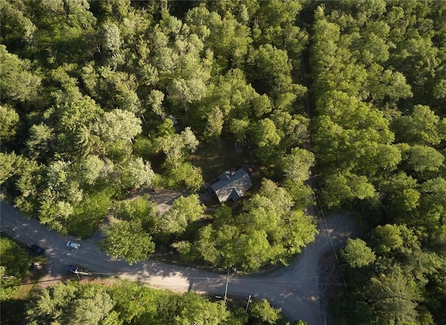 bird's eye view with a wooded view