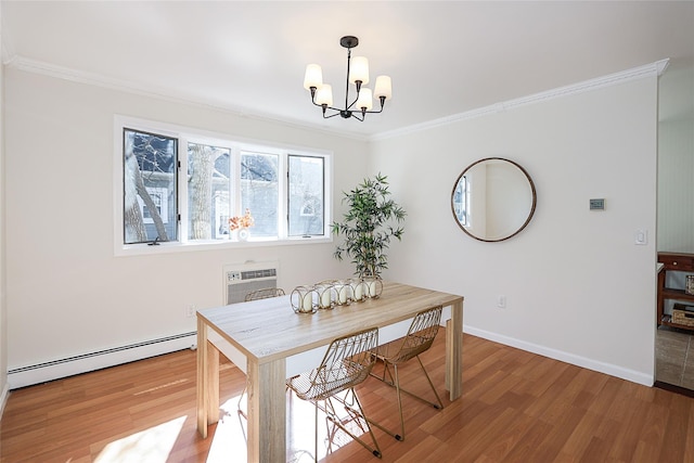 dining space featuring light wood-style flooring, ornamental molding, baseboard heating, and a wall mounted air conditioner