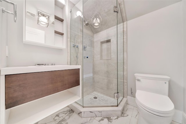 bathroom with visible vents, a shower stall, toilet, marble finish floor, and vanity