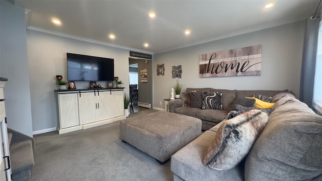 living room featuring recessed lighting, dark carpet, crown molding, and baseboards