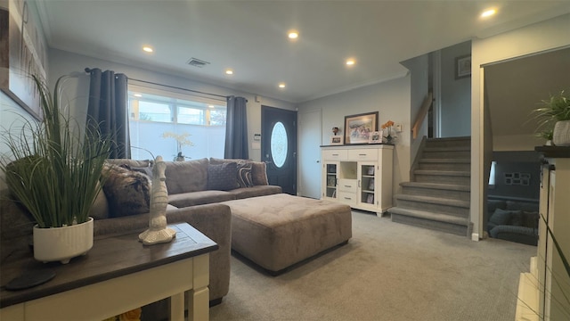 living area with visible vents, stairway, ornamental molding, carpet floors, and recessed lighting