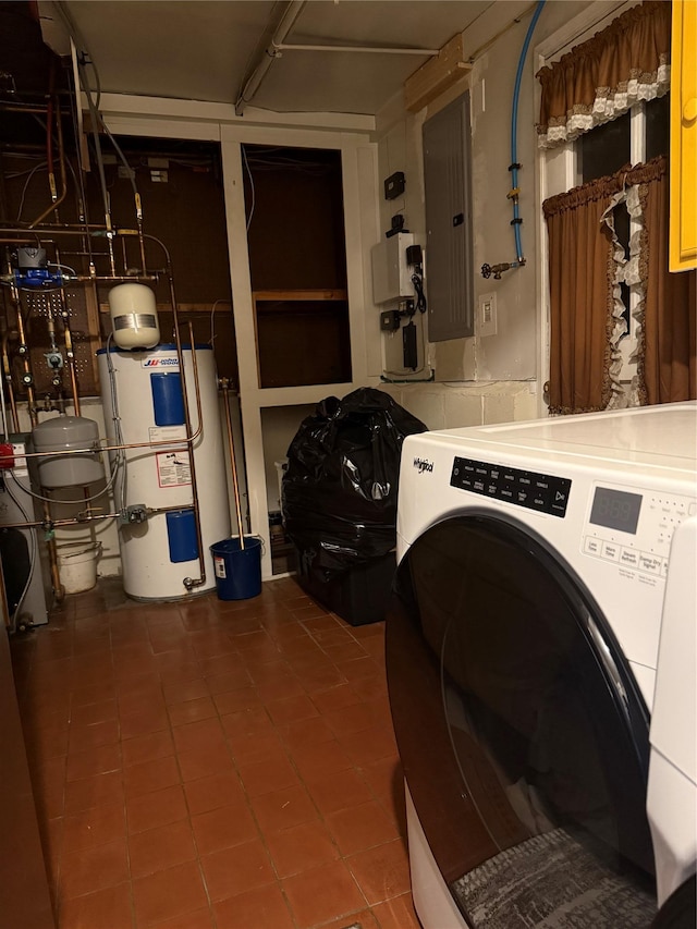 laundry room featuring electric panel, water heater, tile patterned flooring, washer / dryer, and laundry area