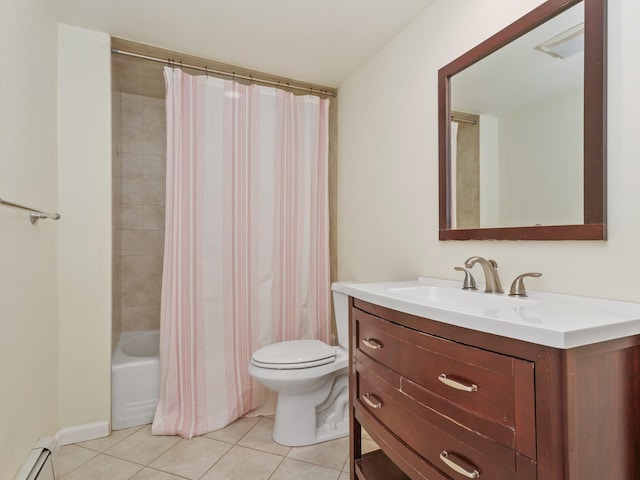 bathroom featuring a baseboard radiator, toilet, tile patterned floors, vanity, and shower / bathtub combination with curtain