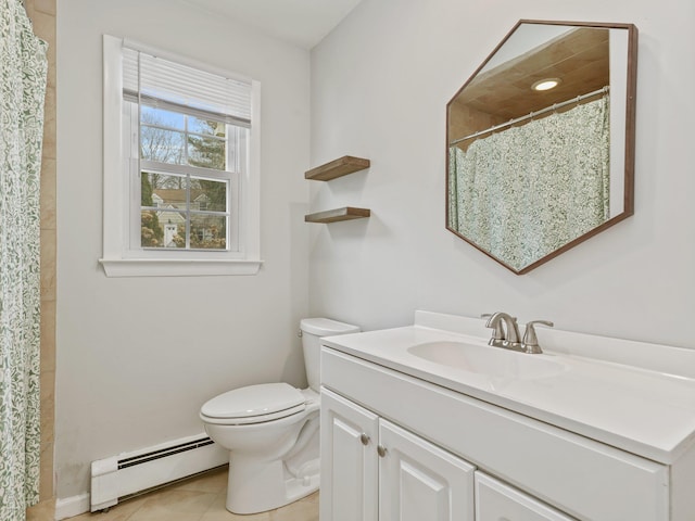 full bathroom with tile patterned floors, toilet, a baseboard heating unit, a shower with shower curtain, and vanity