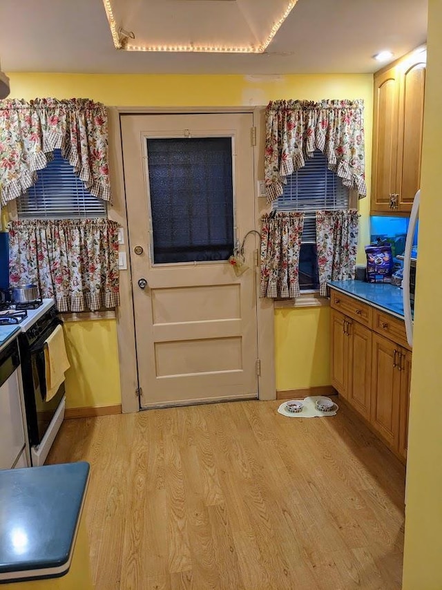 kitchen with dishwasher, light wood finished floors, gas range, and baseboards