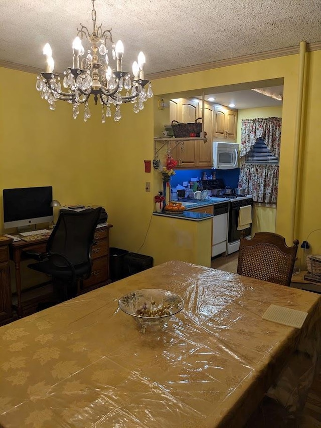 dining area featuring ornamental molding and a textured ceiling