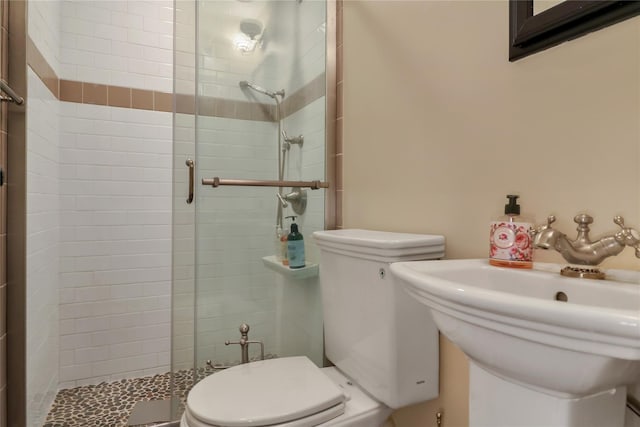 bathroom with toilet, a shower stall, and a sink