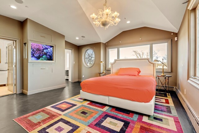 bedroom with an inviting chandelier, recessed lighting, lofted ceiling, a baseboard radiator, and baseboards