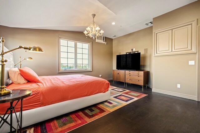 bedroom featuring baseboards, an inviting chandelier, recessed lighting, visible vents, and lofted ceiling