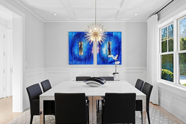 dining space with a chandelier, wainscoting, coffered ceiling, and a wealth of natural light