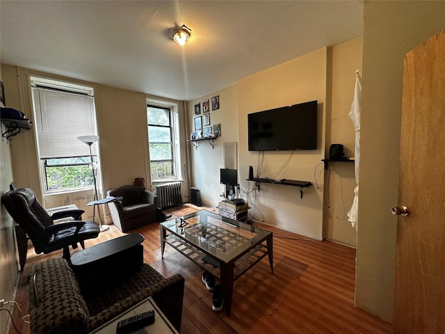 living area with radiator heating unit and wood finished floors