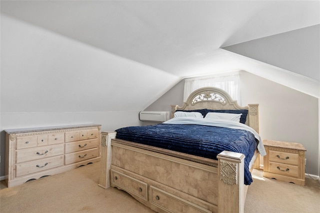 bedroom with light carpet and vaulted ceiling