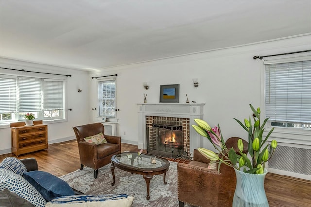 living room with a fireplace, crown molding, wood finished floors, and baseboards