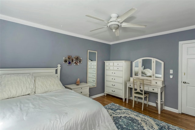 bedroom with a ceiling fan, crown molding, baseboards, and dark wood-style flooring