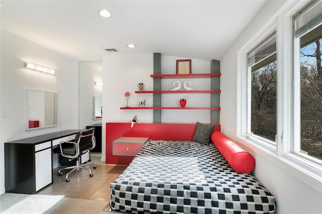 bedroom featuring light tile patterned floors, visible vents, and recessed lighting