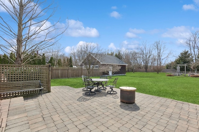 view of patio / terrace with an outbuilding and a fenced backyard