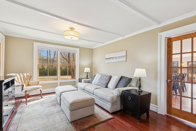 living room featuring crown molding, baseboards, and dark wood-style flooring