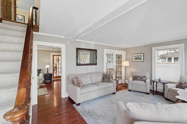 living room featuring ornamental molding, french doors, baseboards, and wood finished floors