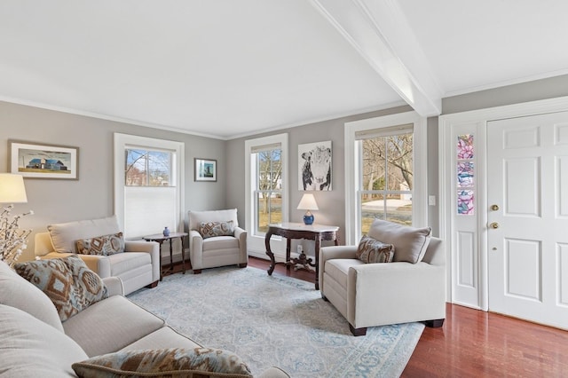 living room with beamed ceiling, wood finished floors, and ornamental molding