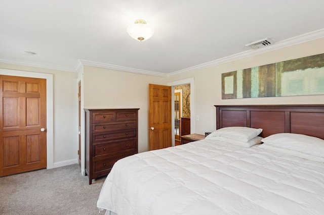 bedroom featuring visible vents, baseboards, light colored carpet, and crown molding