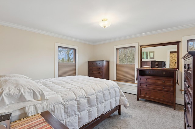 bedroom with light colored carpet and crown molding