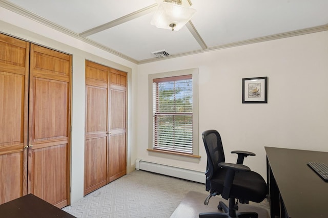 office with visible vents, light colored carpet, baseboard heating, and crown molding