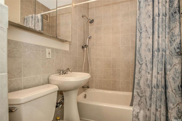 bathroom featuring toilet, decorative backsplash, tile walls, and shower / bathtub combination with curtain