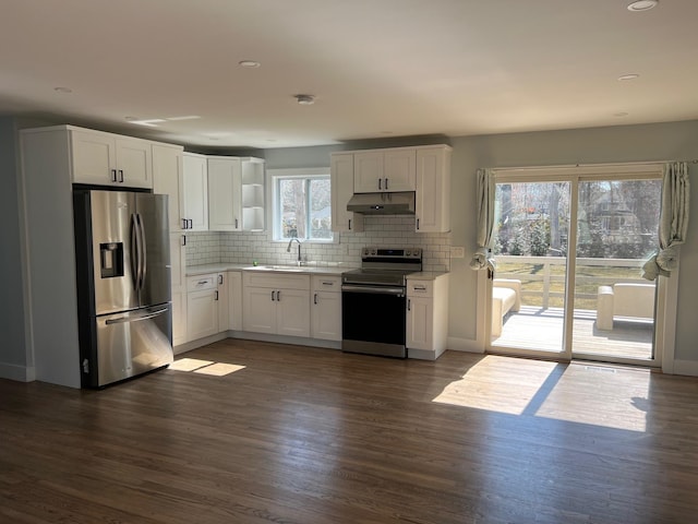 kitchen with under cabinet range hood, light countertops, appliances with stainless steel finishes, white cabinets, and a sink