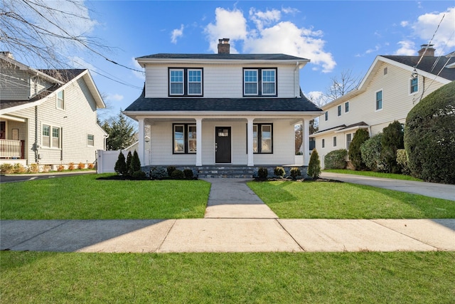 view of front of property with a front yard, covered porch, roof with shingles, and a chimney