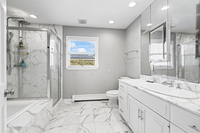 full bath featuring a marble finish shower, visible vents, and marble finish floor