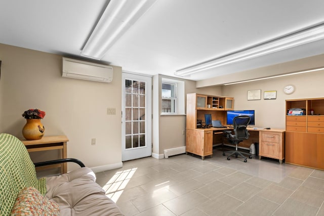 home office with baseboards, light tile patterned flooring, and a wall unit AC