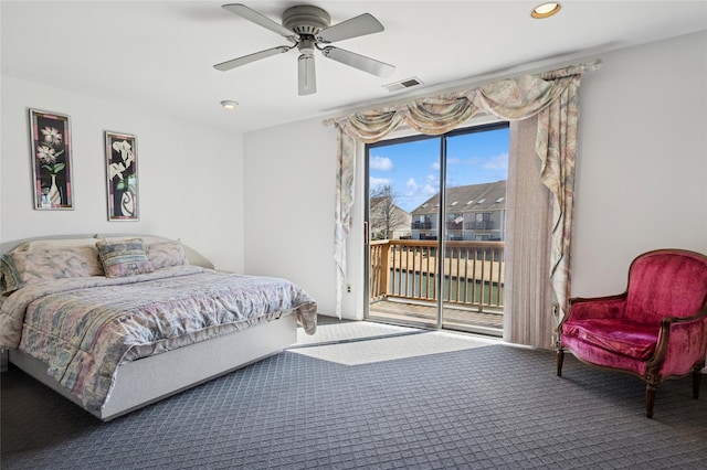 carpeted bedroom featuring visible vents, ceiling fan, and access to outside