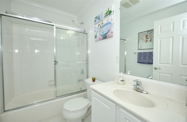 bathroom featuring toilet, visible vents, ornamental molding, and bath / shower combo with glass door