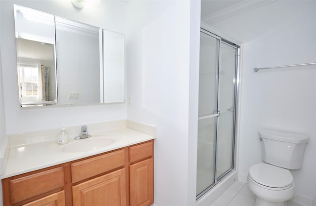 full bathroom with toilet, a stall shower, tile patterned floors, and vanity