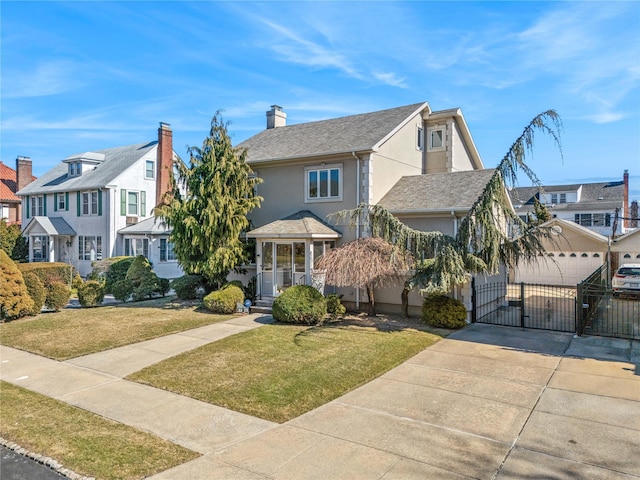 view of front of home featuring a front yard, a residential view, a gate, and stucco siding