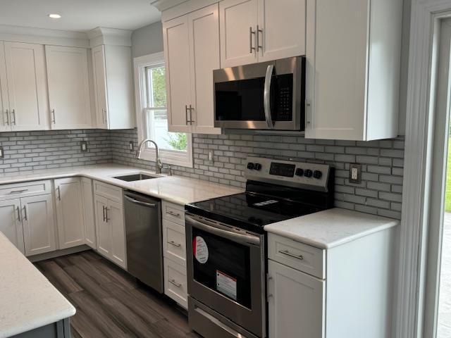 kitchen featuring dark wood finished floors, stainless steel appliances, backsplash, white cabinetry, and a sink