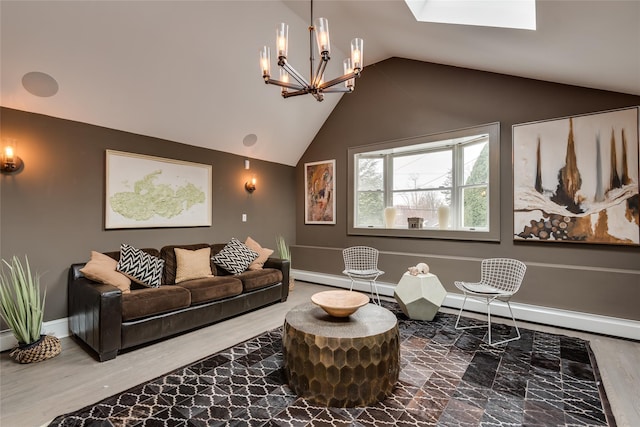 living area featuring a skylight, a chandelier, baseboard heating, wood finished floors, and baseboards