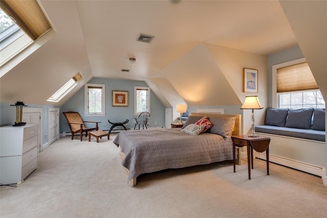 bedroom featuring a baseboard radiator, light carpet, multiple windows, a skylight, and vaulted ceiling