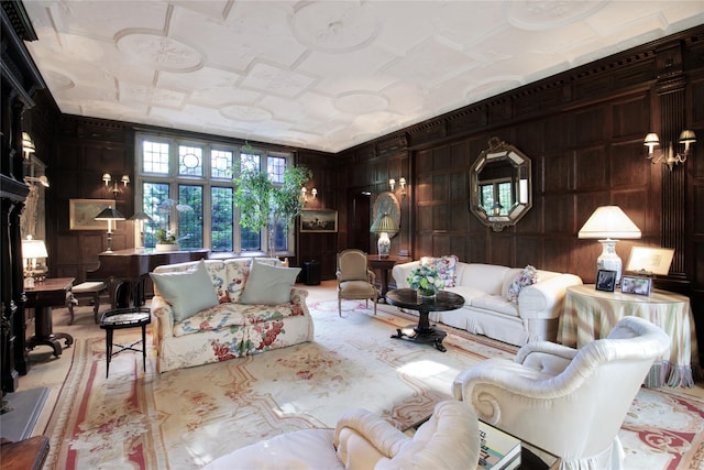 living area featuring wooden walls