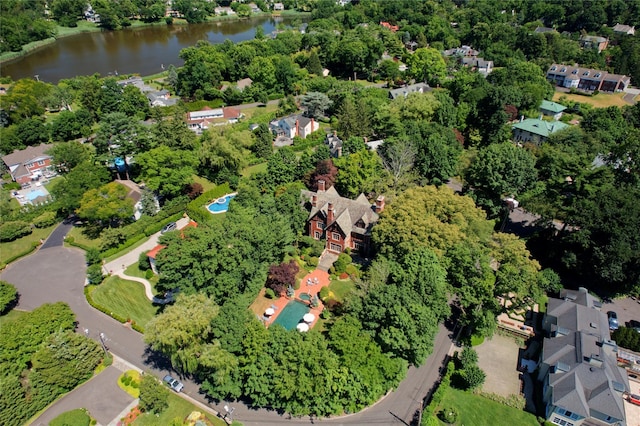 aerial view with a water view and a residential view