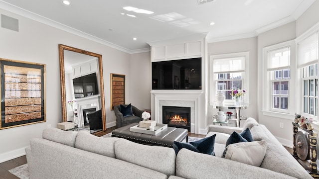 living area with ornamental molding, dark wood-style flooring, baseboards, and a premium fireplace