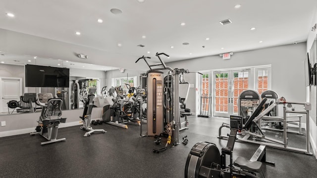 gym featuring french doors, recessed lighting, visible vents, and baseboards