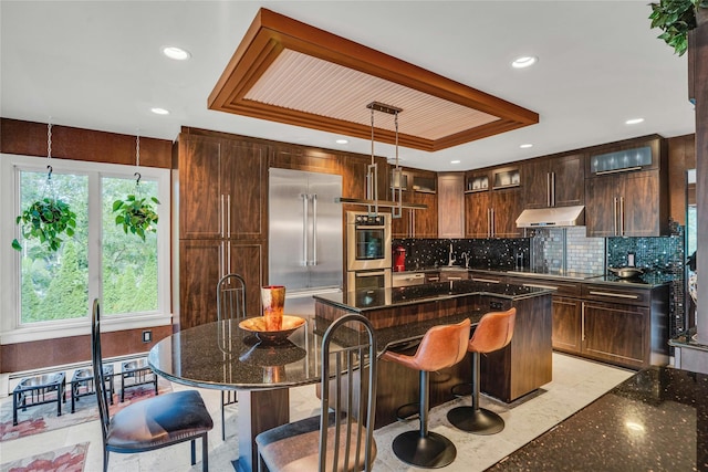 kitchen with under cabinet range hood, a kitchen island, appliances with stainless steel finishes, backsplash, and a raised ceiling