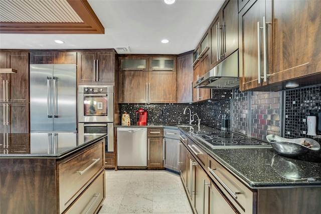 kitchen featuring tasteful backsplash, dark stone counters, stainless steel appliances, under cabinet range hood, and a sink