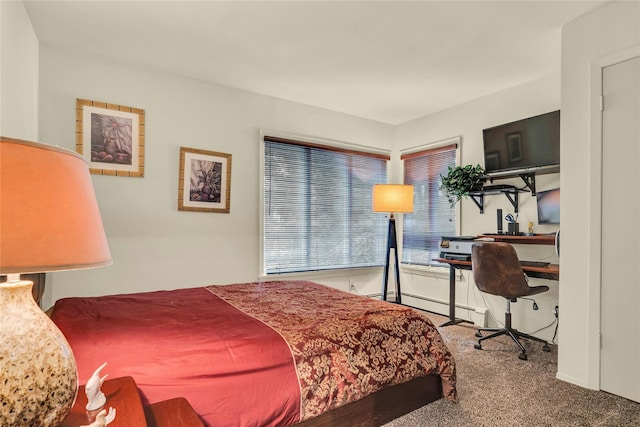 bedroom with carpet floors and a baseboard heating unit